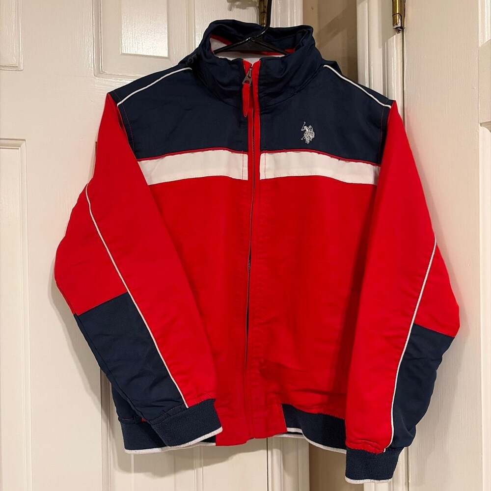 U.S. Polo Colorblock Americana Full‎ Zip Hooded Windbreaker Jacket kids size L
